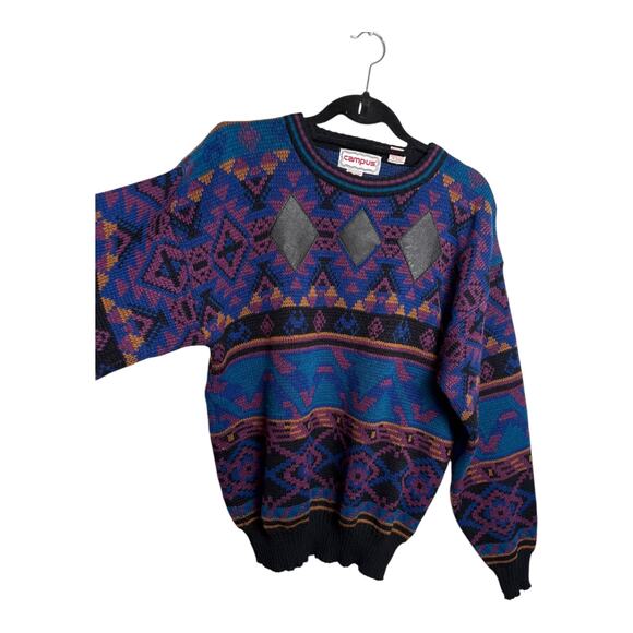 Vintage Campus Men's Diamond Geometric Leather Trim Sweater Size L Retro - Picture 9 of 13